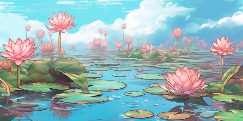 唯美中国风荷花绽放在池塘里水彩淡雅插画背景,插画/手绘图,插画/手绘图库,插画/手绘图下载,插画/手绘